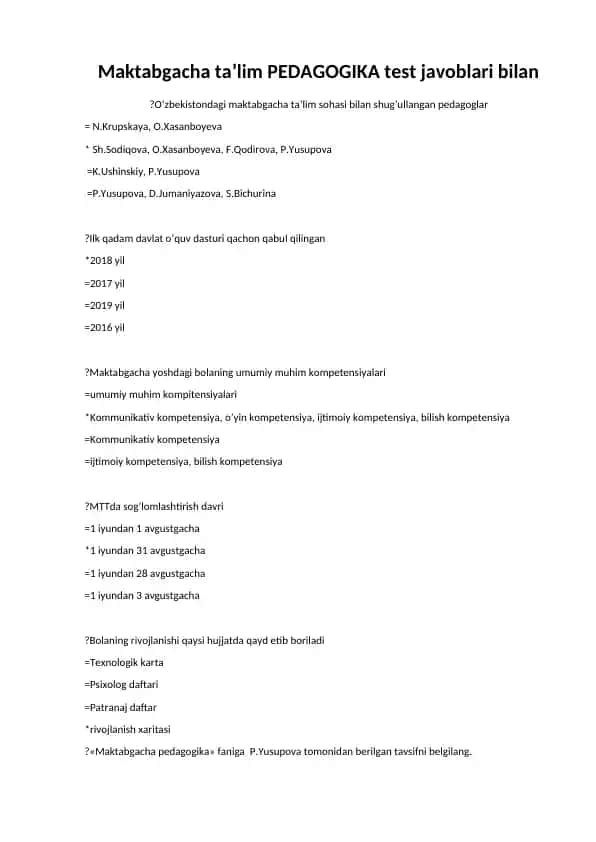 Maktabgacha ta’lim PEDAGOGIKA test javoblari bilan