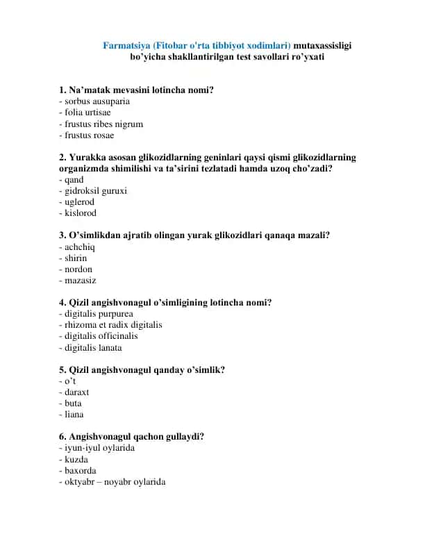 Farmatsiya (Fitobar o'rta tibbiyot xodimlari) mutaxassisligi bo’yicha shakllantirilgan test savollari ro’yxati