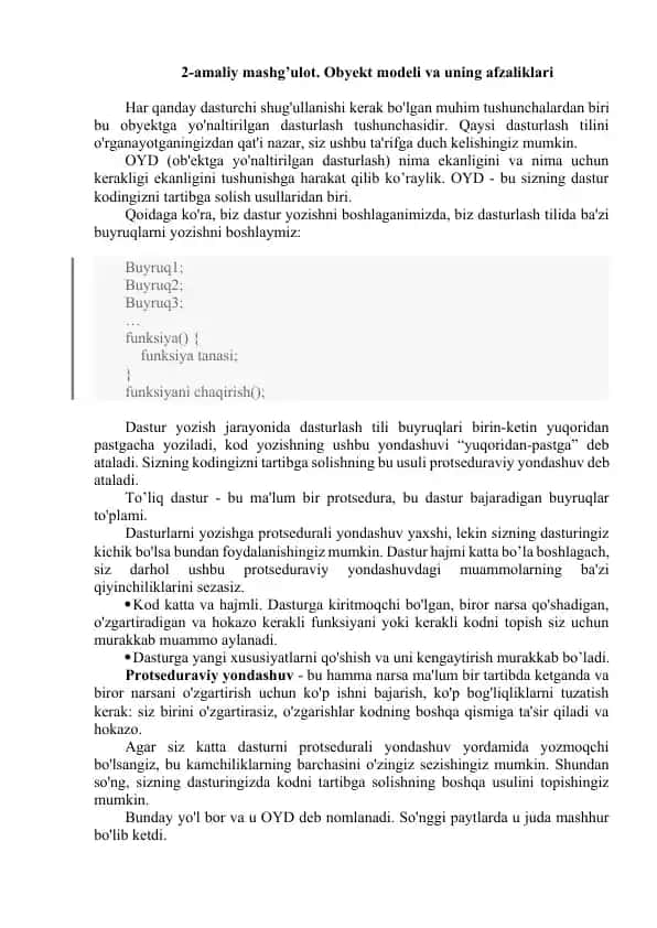 2-amaliy mashg’ulot. Obyekt modeli va uning afzaliklari