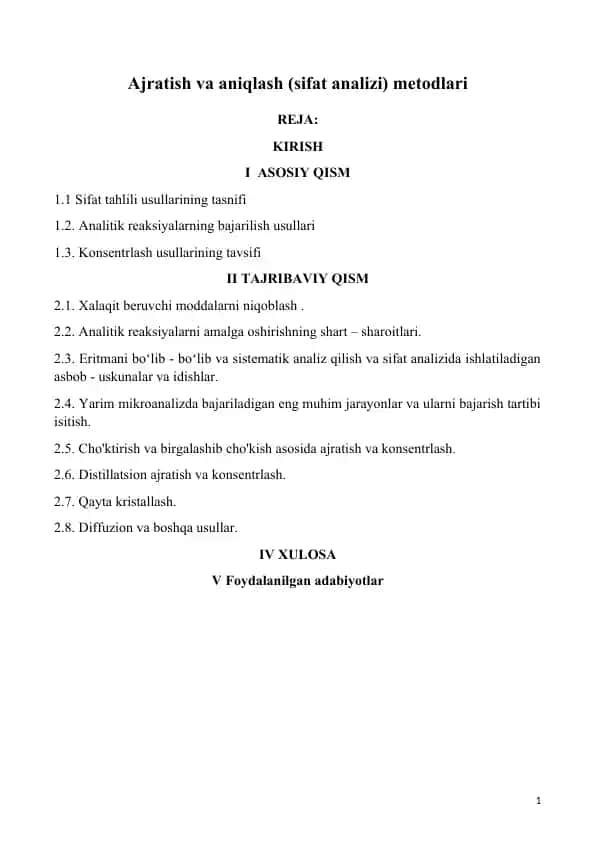 Ajratish va aniqlash (sifat analizi) metodlari