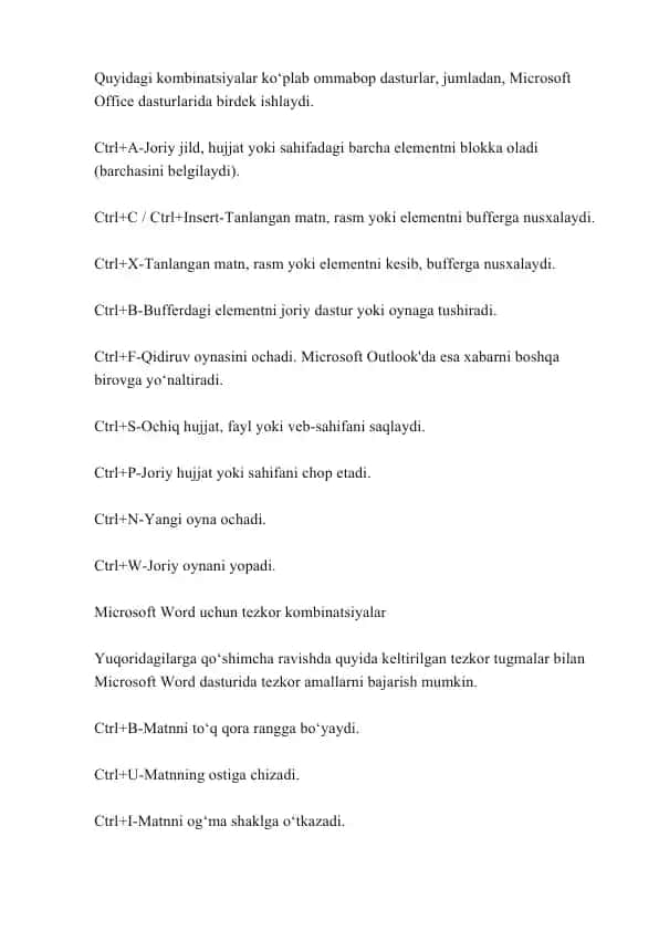 Microsoft Office dasturlari kombinatsiyalari