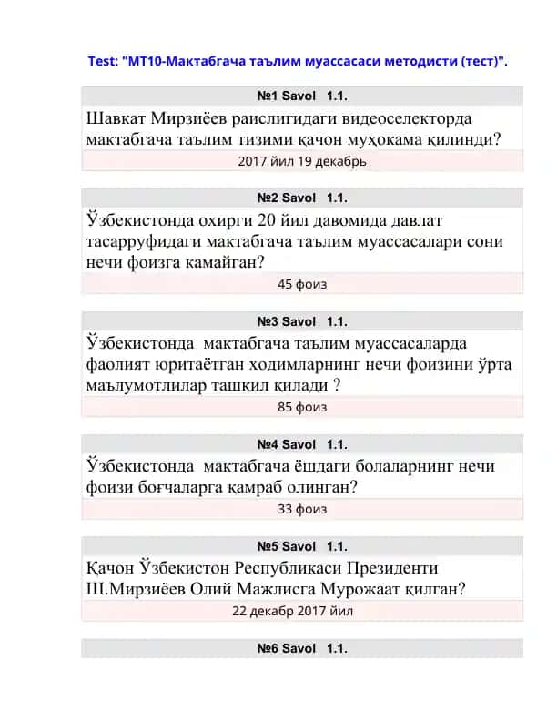 MT10-Мактабгача таълим муассасаси методисти (тест)