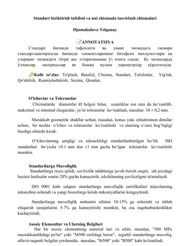 Standart biriktirish tafsiloti va uni chizmada tasvirlash chizmalari