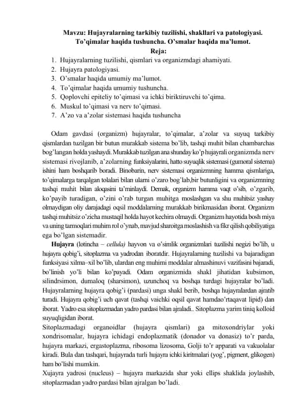 Hujayralarni tuzilishi va patologiyasi
