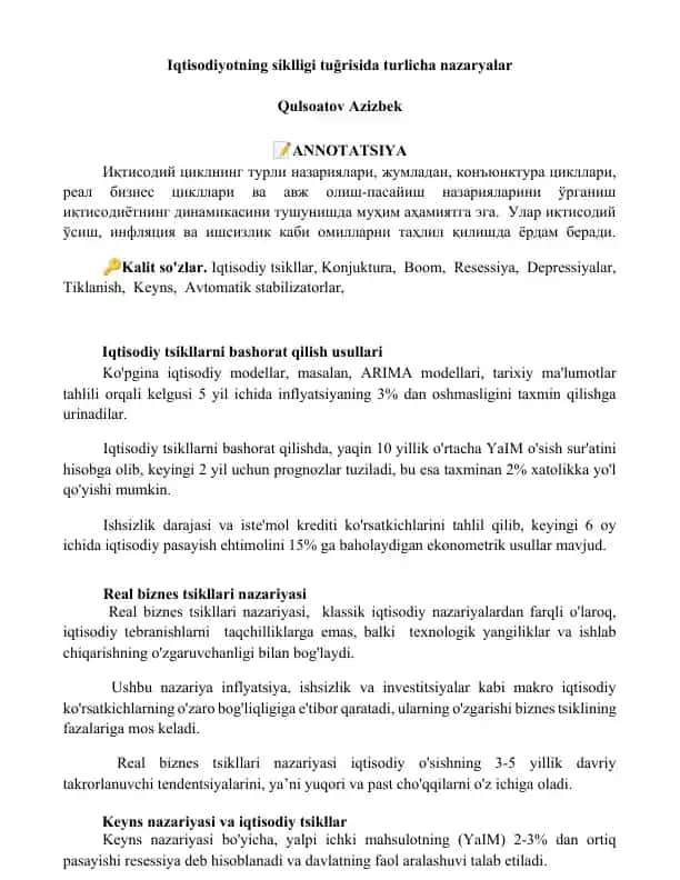 Iqtisodiy tsikllar va bashorat qilish usullari