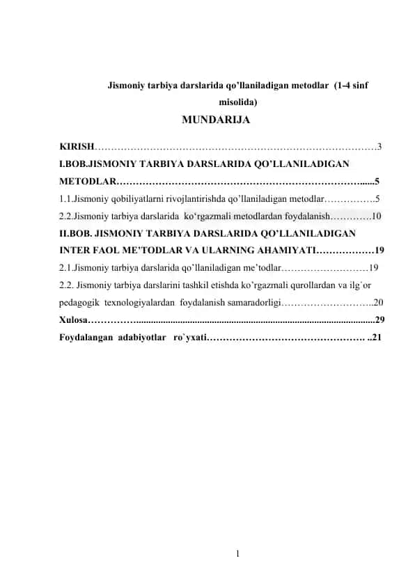 Jismoniy tarbiya darslarida qo’llaniladigan metodlar (1-4 sinf misolida)