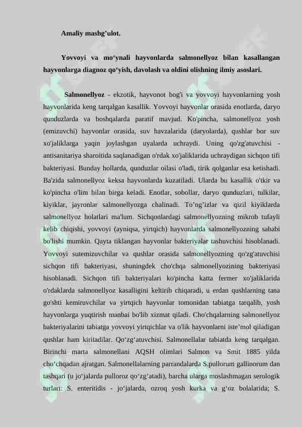 Yovvoyi va mo‘ynali hayvonlarda salmonellyoz bilan kasallangan hayvonlarga diagnoz qo‘yish, davolash va oldini olishning ilmiy asoslari
