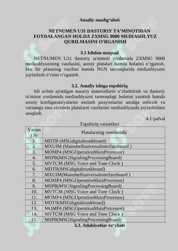 NETNUMEN U31 DASTURIY TA’MINOTIDAN FOYDALANGAN HOLDA ZXMSG 9000 MEDIASHLYUZ QURILMASINI O‘RGANISH