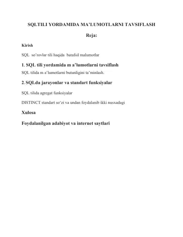 SQLTILI YORDAMIDA MA’LUMOTLARNI TAVSIFLASH