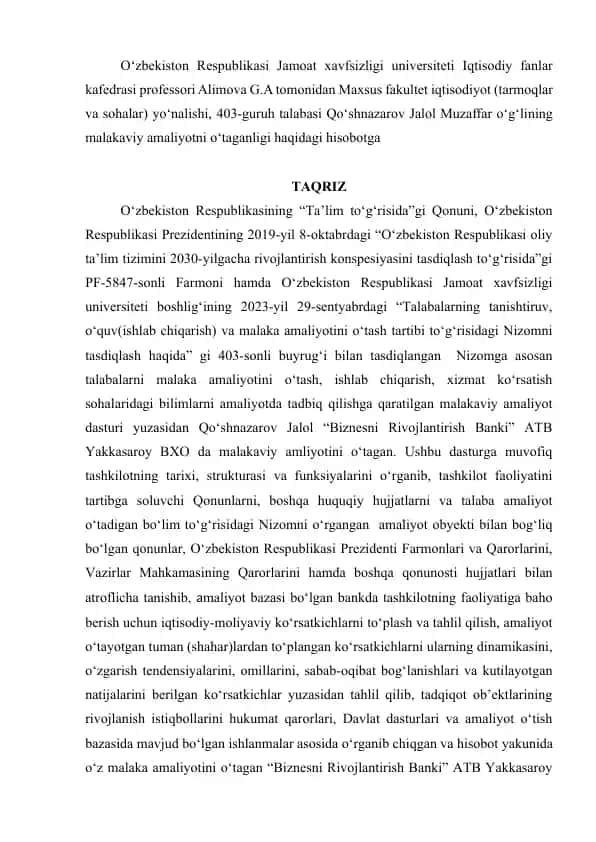Malakaviy amaliyotni o‘tgan talaba hisoboti