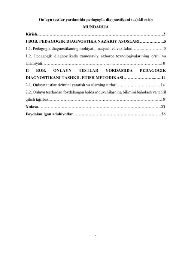 Onlayn testlar yordamida pedagogik diagnostikani tashkil etish