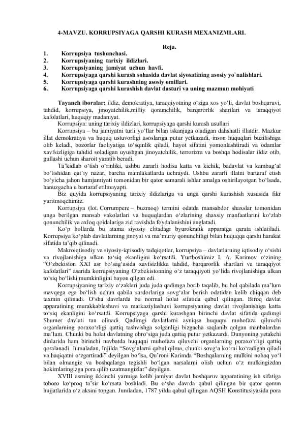 Korrupsiya va unga qarshi kurash mexanizmlari