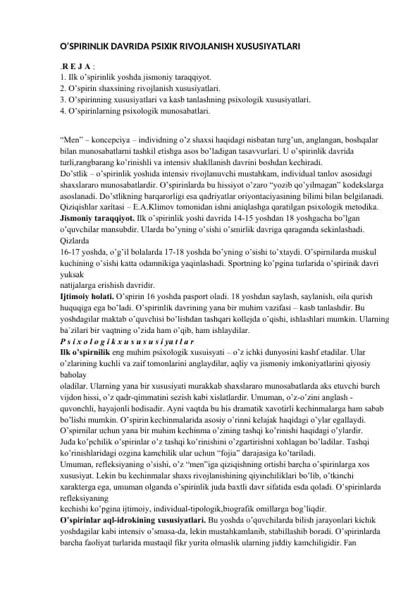 O’SPIRINLIK DAVRIDA PSIXIK RIVOJLANISH XUSUSIYATLARI