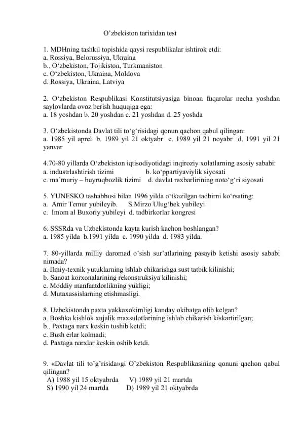 O'zbekiston tarixidan test