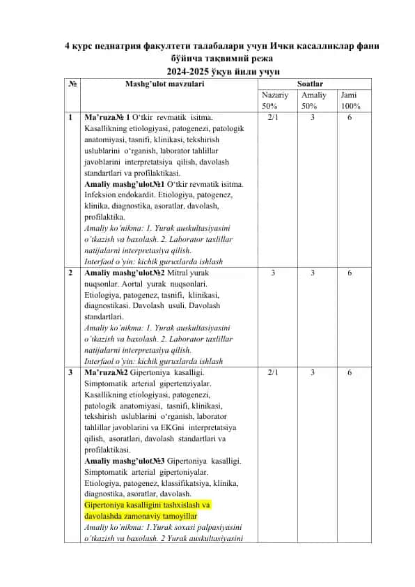 4-kurs Pediatriya fakulteti talabalari uchun Ichki kasalliklar fanidagi taqviyiy rejа