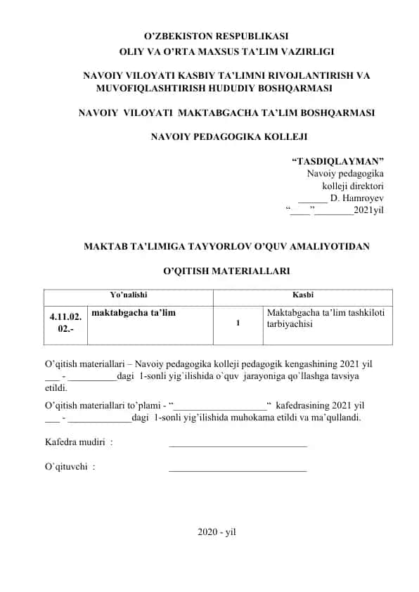 Maktab ta’limiga tayyorlov o‘quv amaliyotidan o‘qitish materiallari