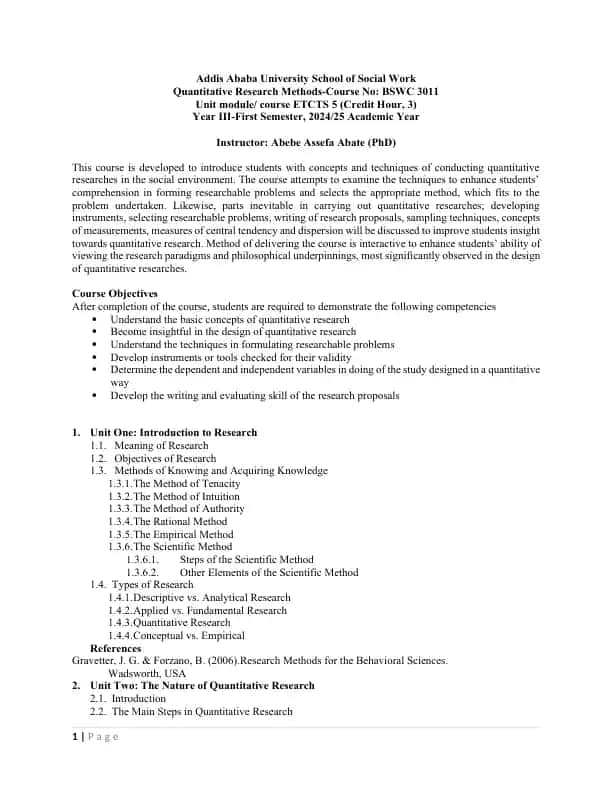 Quantitative Research Methods - Course No: BSWC 3011