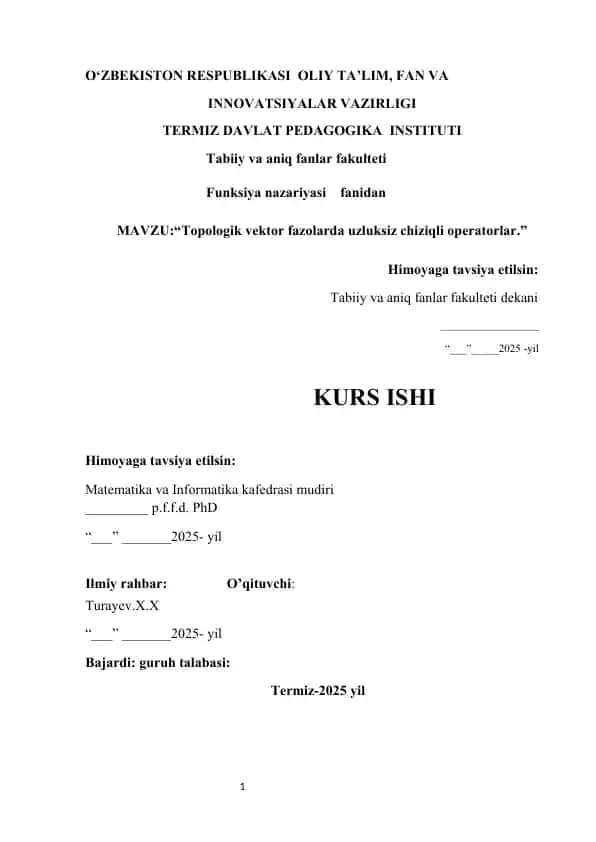 Topologik vektor fazolarda uzluksiz chiziqli operatorlar
