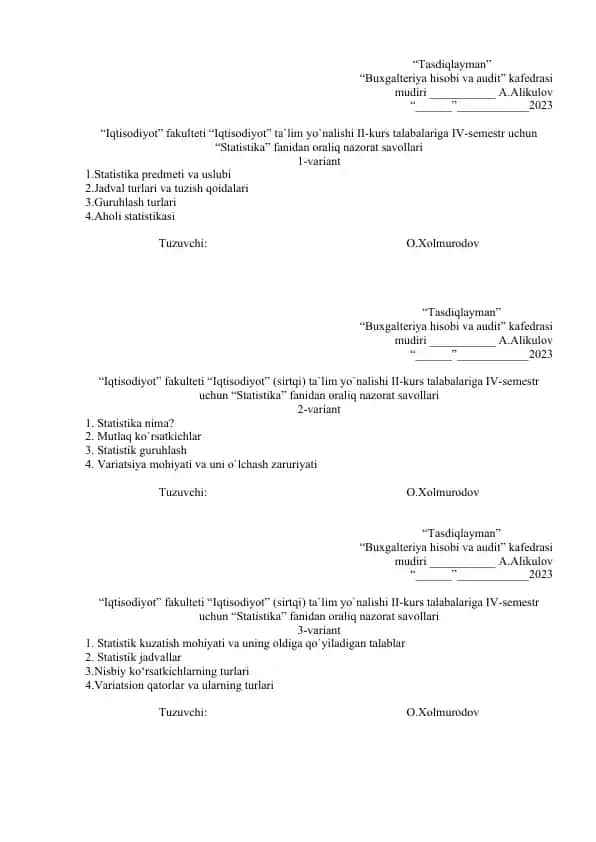 "Statistika fanidan oraliq nazorat savollari"