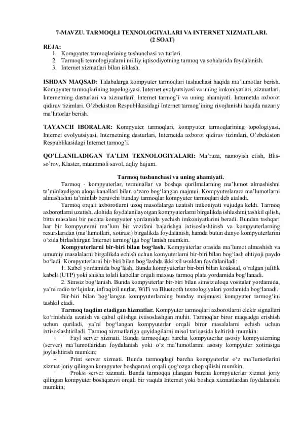Kompyuter tarmoqlari va internet xizmatlari