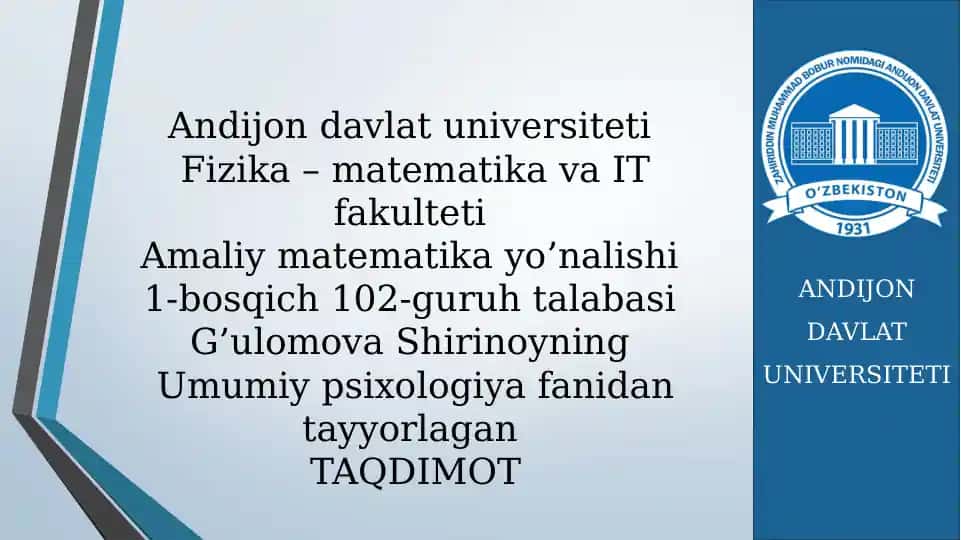 Umumiy psixologiya fanidagi taqdimot
