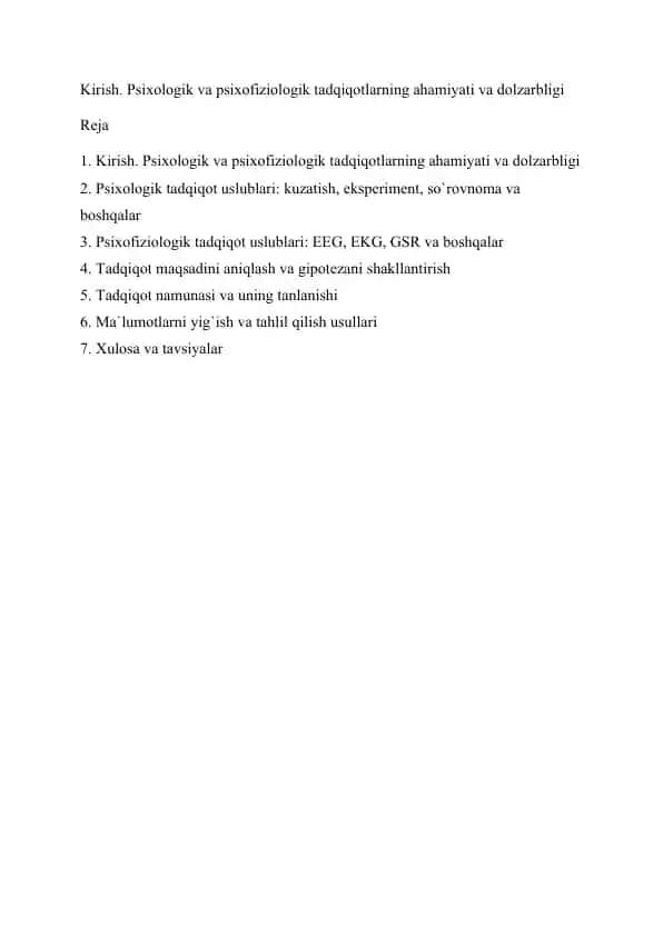 Psixologik va Psixofiziologik tadqiqotlar