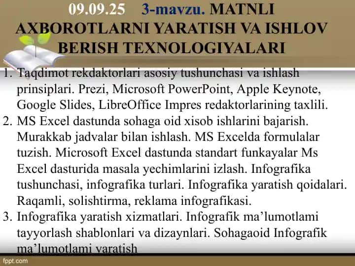 MATNLI AXBOROTLARNI YARATISH VA ISHLOV BERISH TEXNOLOGIYALARI
