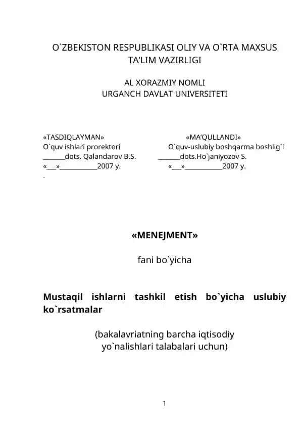 Mustaqil ishlarni tashkil etish bo`yicha uslubiy ko`rsatmalar