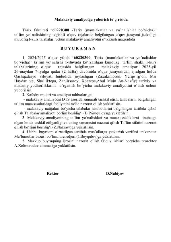 Malakaviy amaliyotga yuborish to‘g‘risida