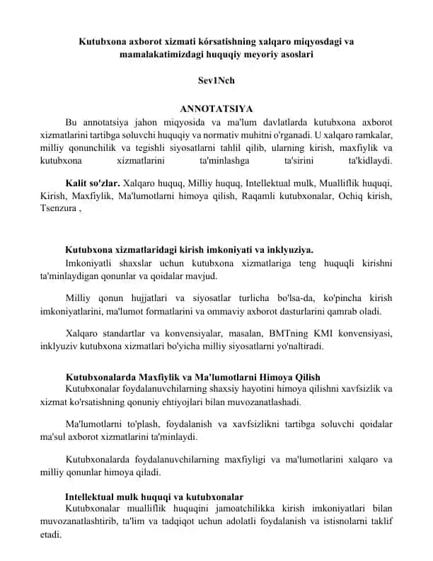 Kutubxona axborot xizmati kórsatishning xalqaro miqyosdagi va mamalakatimizdagi huquqiy meyoriy asoslari