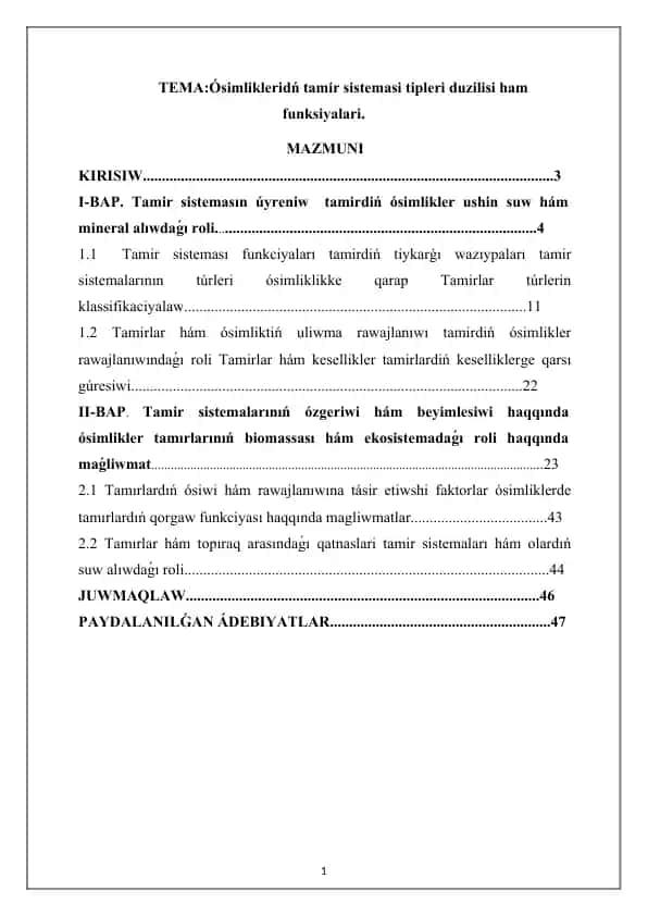 Tamir Sistemaları ve Ósimliklerin Tamiri