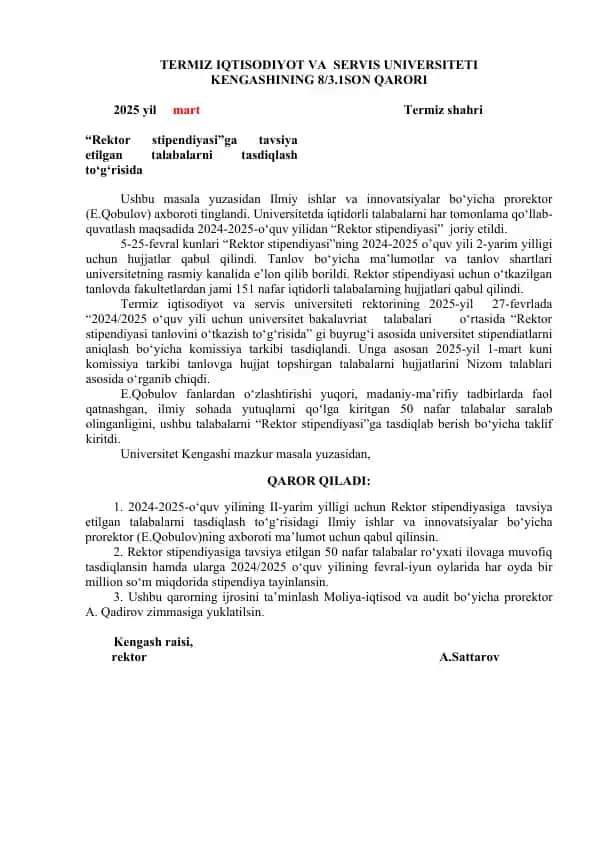 "Rektor stipendiyasi"