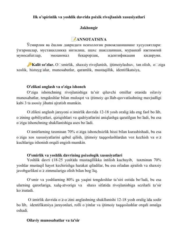 Ilk o’spirinlik va yoshlik davrida psixik rivojlanish xususiyatlari