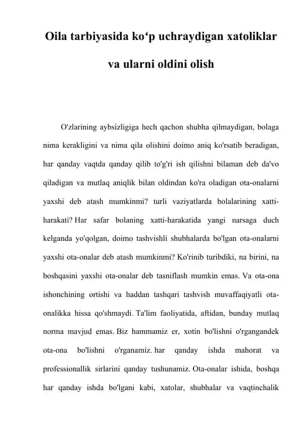 Oila tarbiyasida koʻp uchraydigan xatoliklar va ularni oldini olish