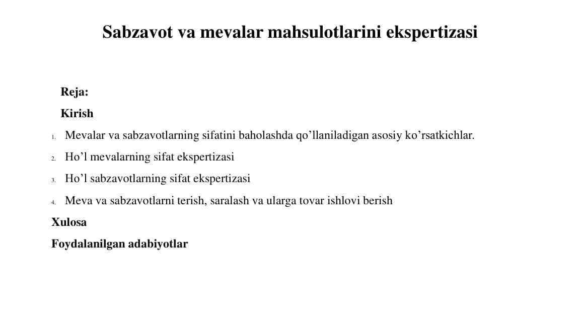 Sabzavot va mevalar mahsulotlarini ekspertizasi