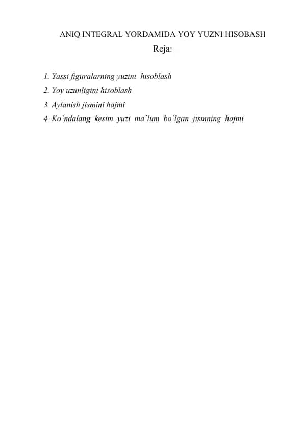 ANIQ INTEGRAL YORDAMIDA YOY YUZNI HISOBASH