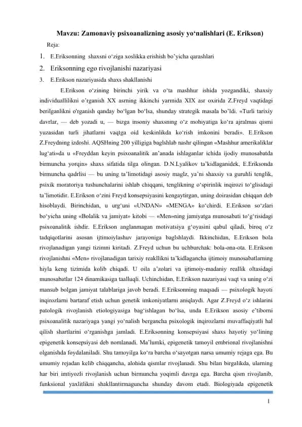 Zamonaviy psixoanalizning asosiy yo‘nalishlari (E. Erikson)