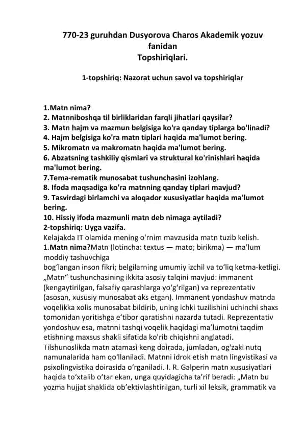Dusyorova Charos Akademik yozuv fanidan Topshiriqlari
