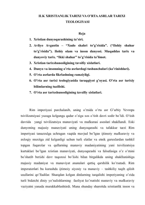 Xristianlik Tarixi va O'rta Asrlar Tarixi Teologiyasi