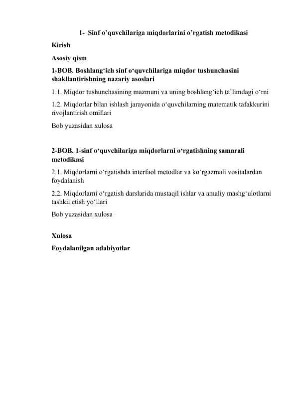 1 Sinf o’quvchilariga miqdorlarini o’rgatish metodikasi