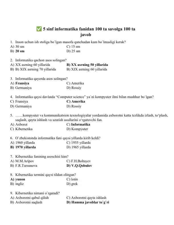 5-sinf Informatika fanidan 100 ta savolga 100 ta javob