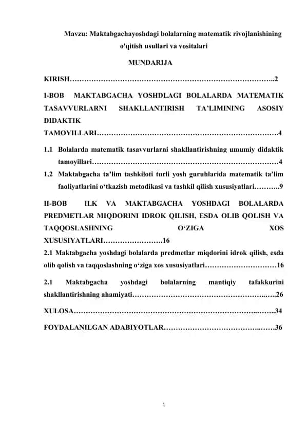Maktabgachayoshdagi bolalarning matematik rivojlanishining o'qitish usullari va vositalari