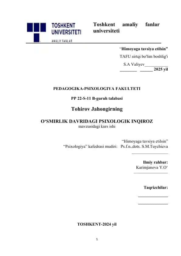 O’smirlik davridagi psixologik inqiroz.