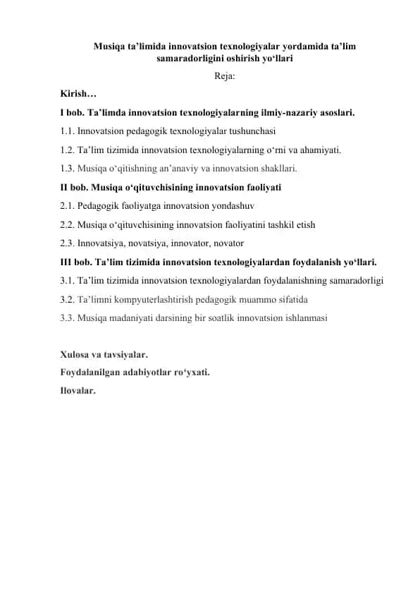 Musiqa ta’limida innovatsion texnologiyalar yordamida ta’lim samaradorligini oshirish yo‘llari