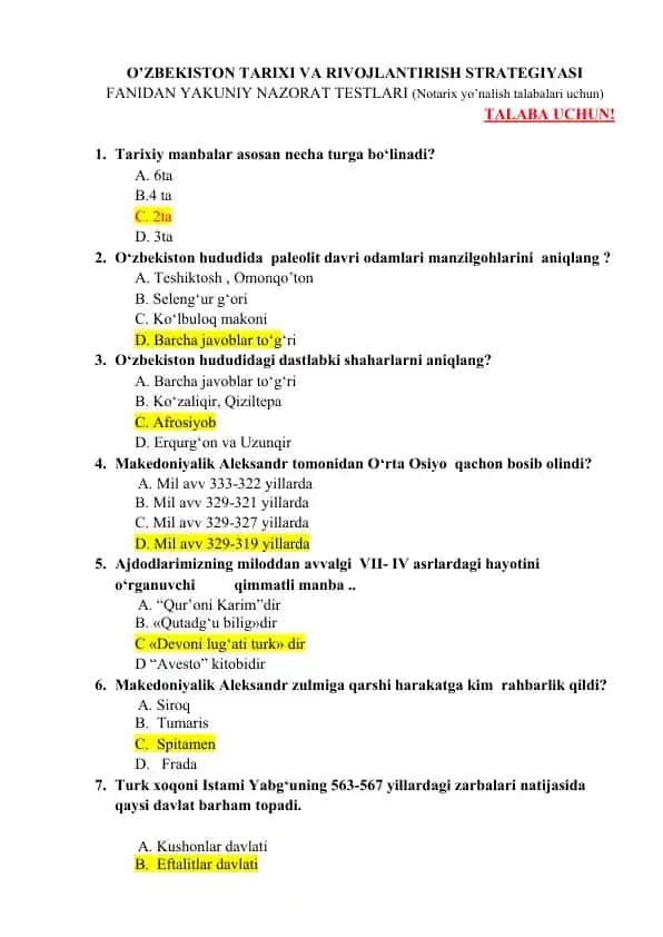 O’ZBEKISTON TARIXI VA RIVOJLANTIRISH STRATEGIYASI FANIDAN YAKUNIY NAZORAT TESTLARI (Notarix yo’nalish talabalari uchun)