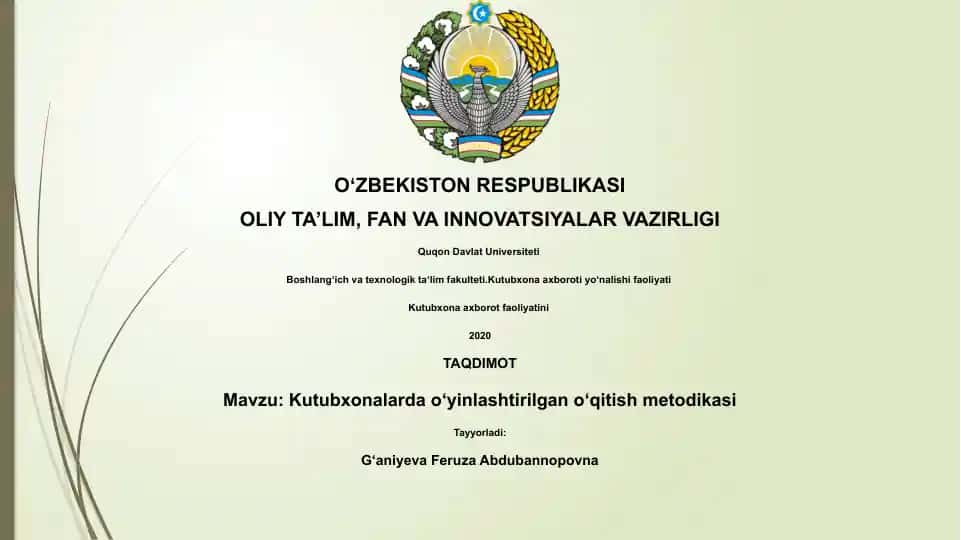 Kutubxonalarda o‘yinlashtirilgan o‘qitish metodikasi