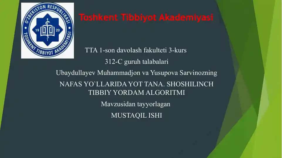 NAFAS YO`LLARIDA YOT TANA. SHOSHILINCH TIBBIY YORDAM ALGORITMI