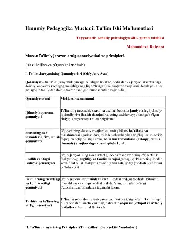 Umumiy Pedagogika Mustaqil Ta'lim Ishi Ma'lumotlari