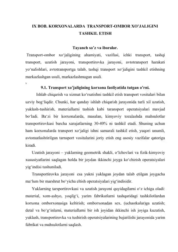 Transport-ombor xo‘jaligini tashkil etish
