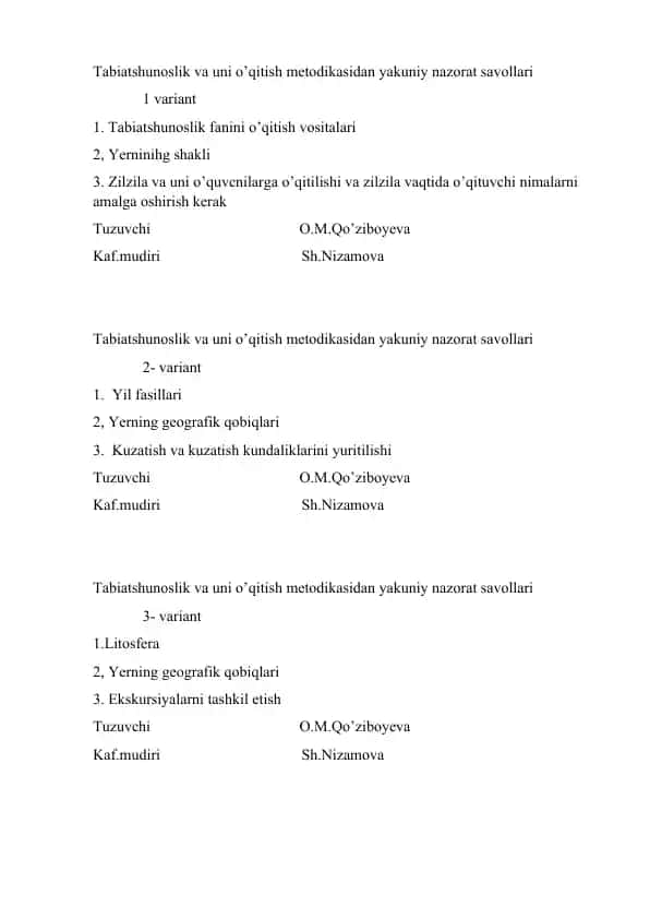 Tabiatshunoslik va uni o’qitish metodikasidan yakuniy nazorat savollari